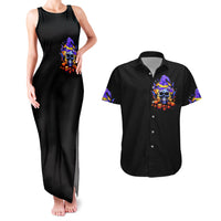 Black sleeveless maxi dress and black button-up shirt with skull witch-face print