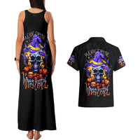 Black tank maxi dress and black button-up shirt with colorful skull witch-face prints