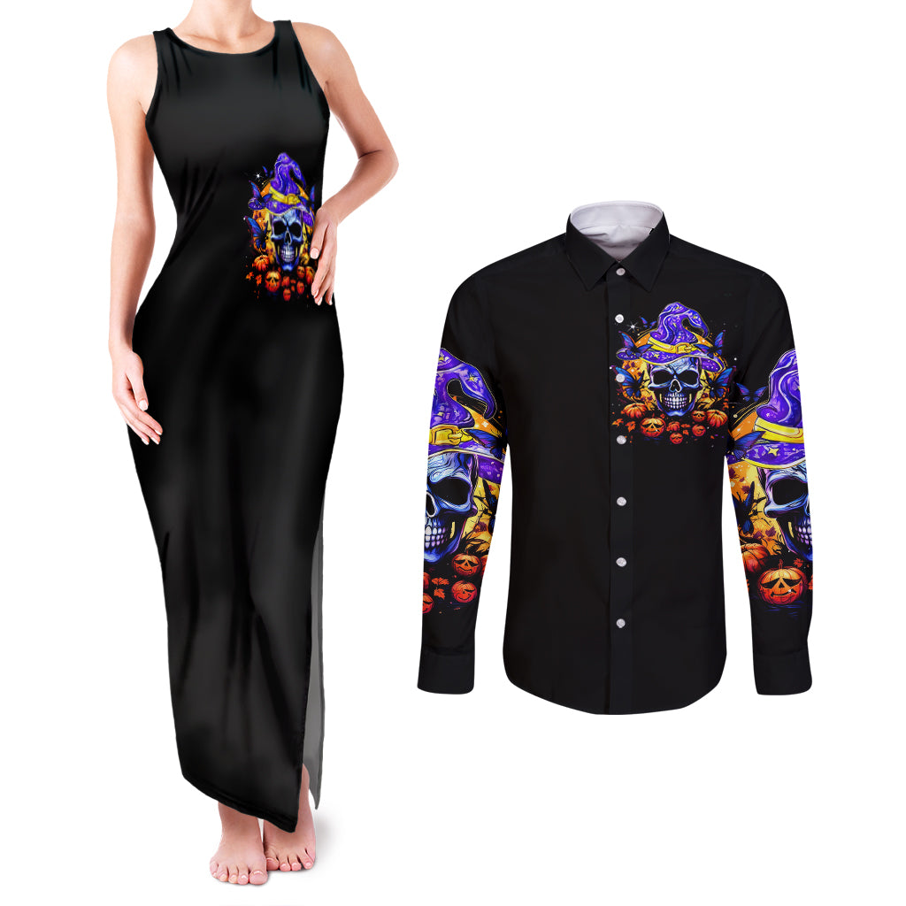 Black tank maxi dress and long-sleeve button shirt with colorful skull witch face print