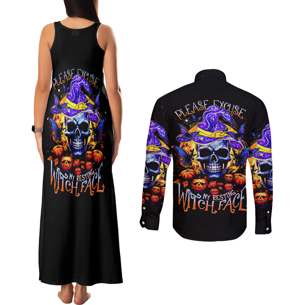 Halloween Skull Couples Matching Tank Maxi Dress and Long Sleeve Button Shirts Please Excuse My Resting Witch Face - Wonder Print Shop