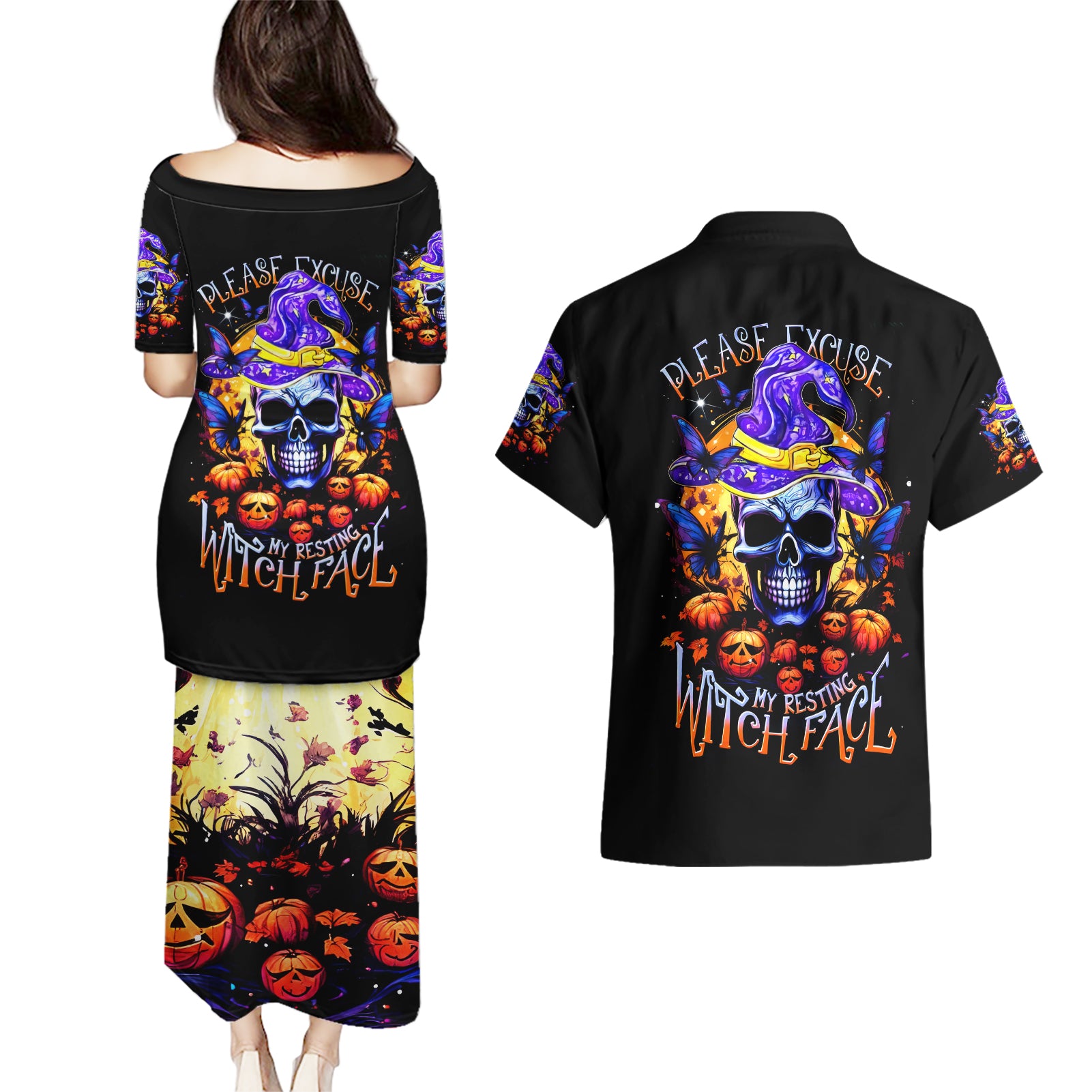 Halloween Skull Couples Matching Puletasi and Hawaiian Shirt Please Excuse My Resting Witch Face - Wonder Print Shop