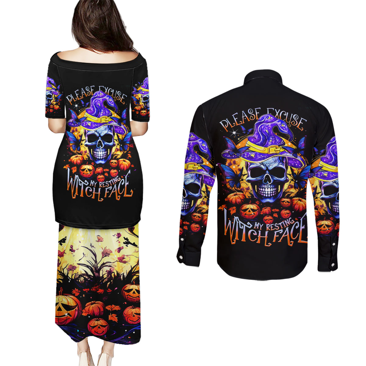 Halloween Skull Couples Matching Puletasi and Long Sleeve Button Shirt Please Excuse My Resting Witch Face - Wonder Print Shop