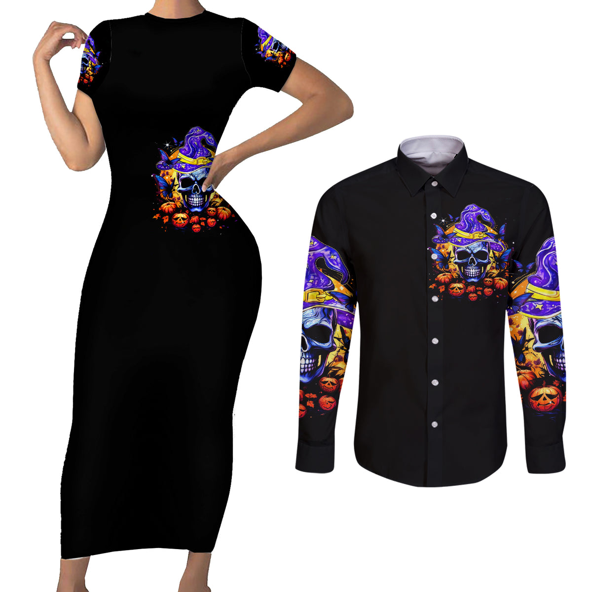 Halloween Skull Couples Matching Short Sleeve Bodycon Dress and Long Sleeve Button Shirt Please Excuse My Resting Witch Face - Wonder Print Shop