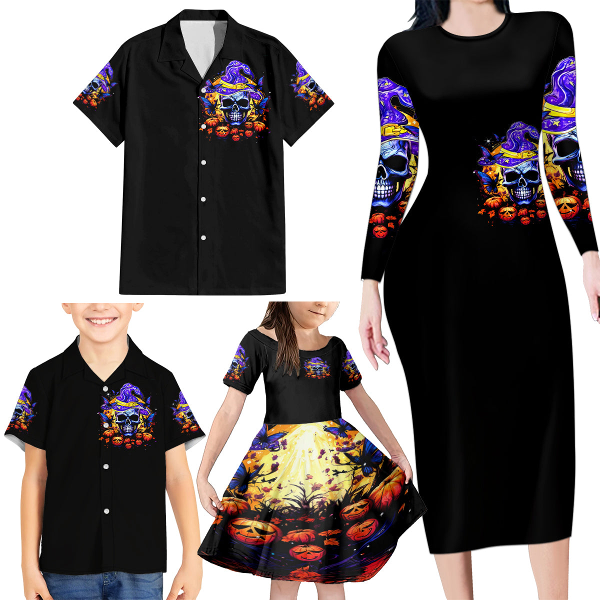 Halloween Skull Family Matching Long Sleeve Bodycon Dress and Hawaiian Shirt Please Excuse My Resting Witch Face - Wonder Print Shop