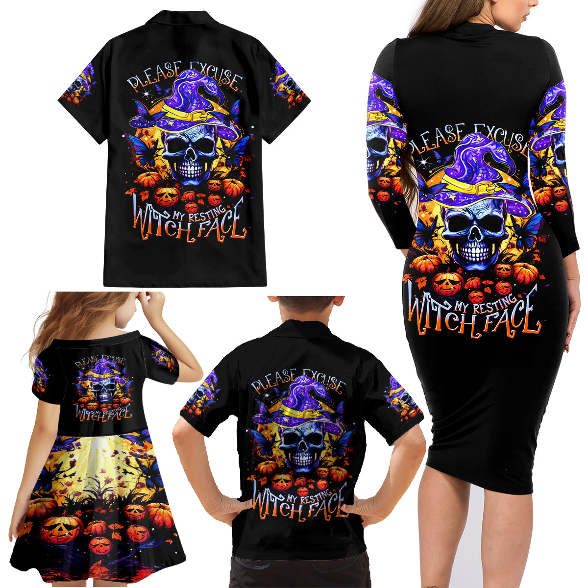 Halloween Skull Family Matching Long Sleeve Bodycon Dress and Hawaiian Shirt Please Excuse My Resting Witch Face - Wonder Print Shop