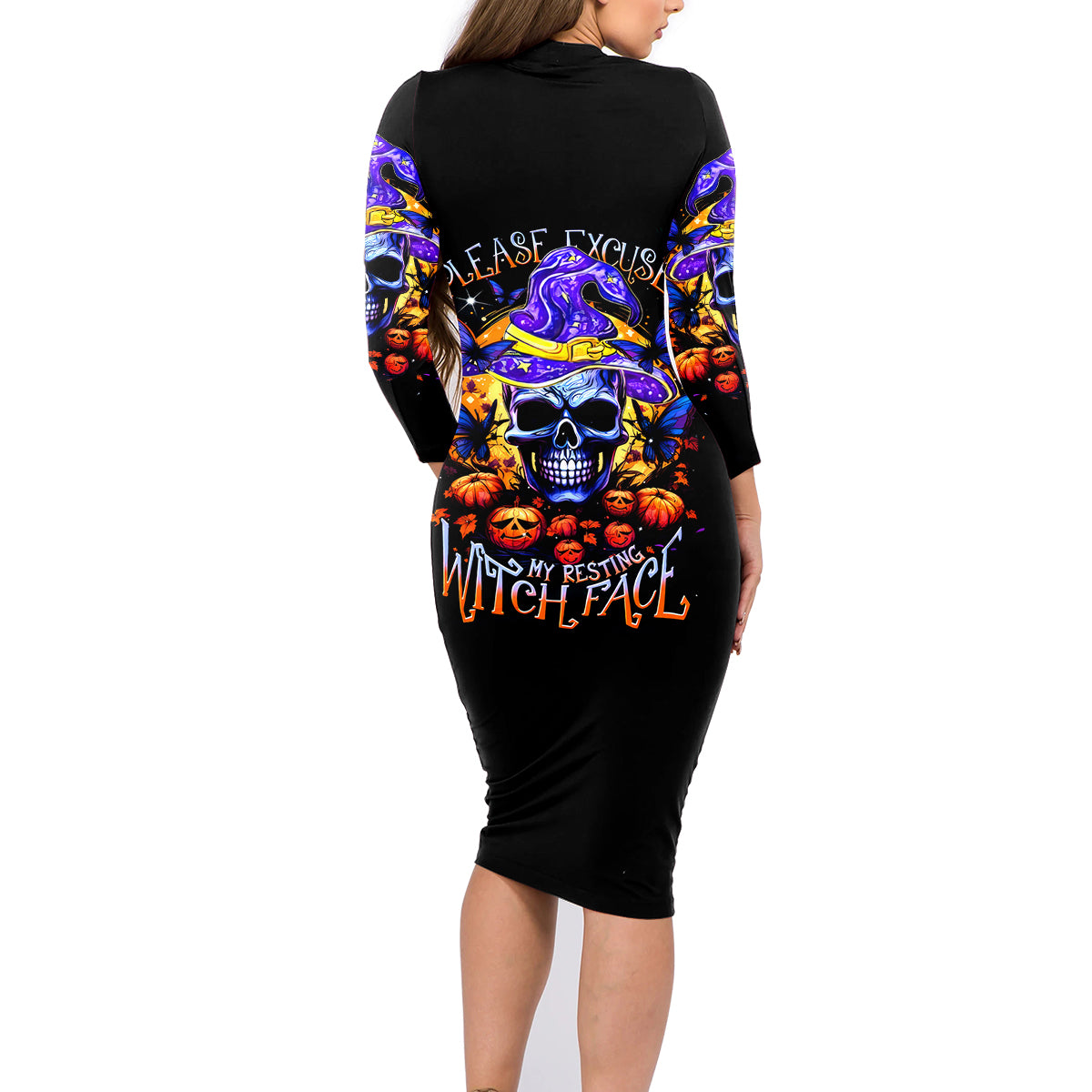Halloween Skull Family Matching Long Sleeve Bodycon Dress and Hawaiian Shirt Please Excuse My Resting Witch Face - Wonder Print Shop