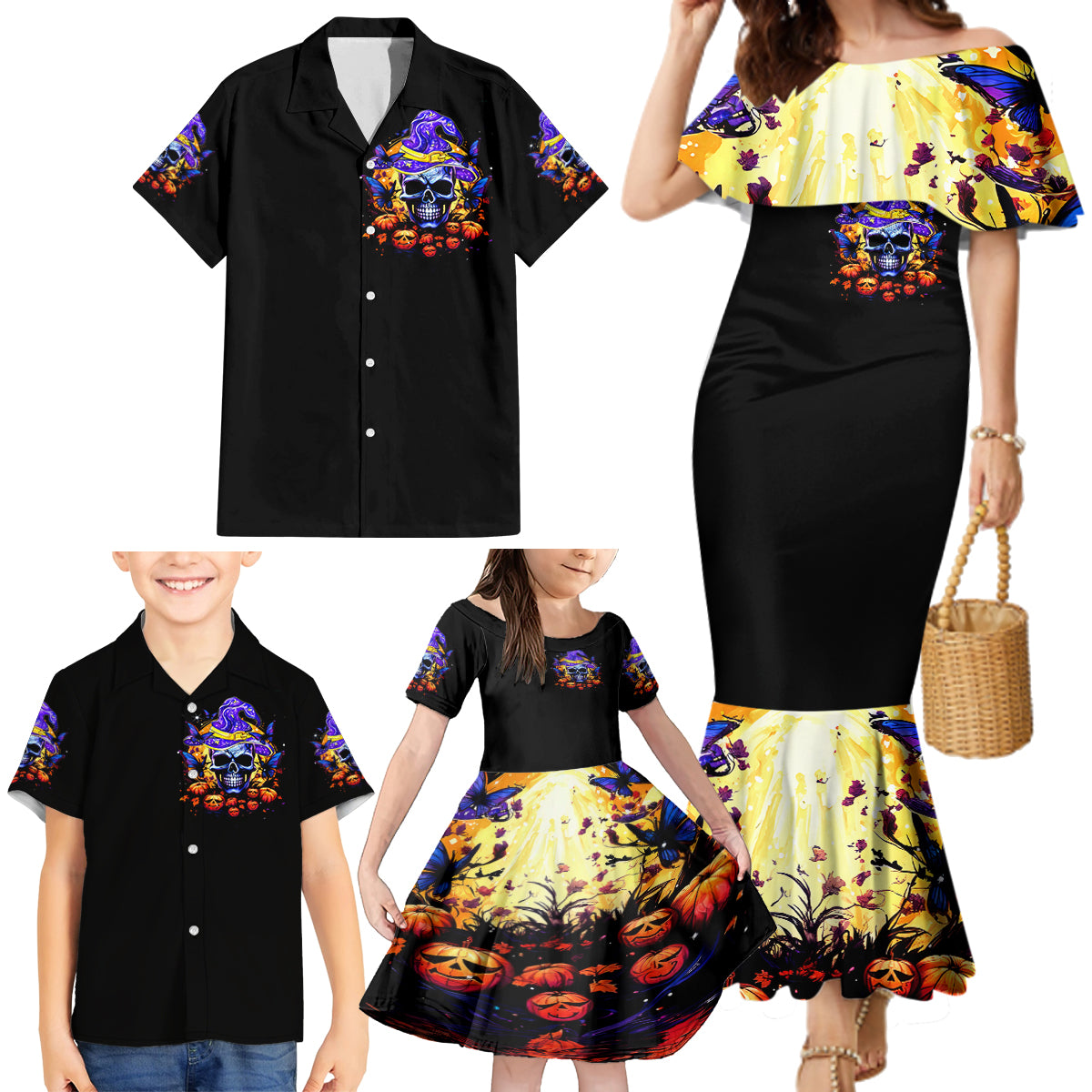 Halloween Skull Family Matching Mermaid Dress and Hawaiian Shirt Please Excuse My Resting Witch Face - Wonder Print Shop