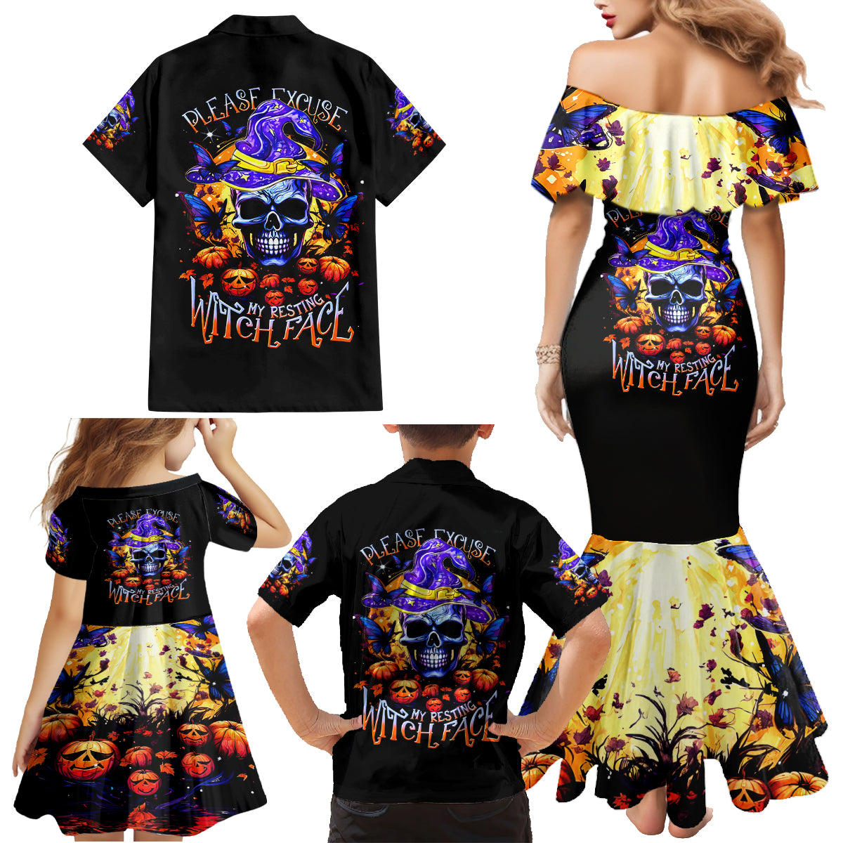 Halloween Skull Family Matching Mermaid Dress and Hawaiian Shirt Please Excuse My Resting Witch Face - Wonder Print Shop