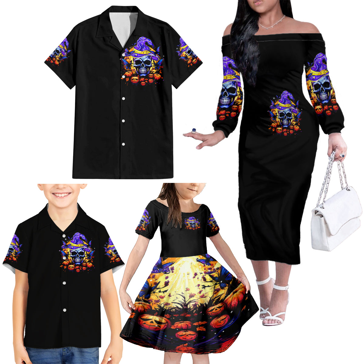 Halloween Skull Family Matching Off Shoulder Long Sleeve Dress and Hawaiian Shirt Please Excuse My Resting Witch Face - Wonder Print Shop
