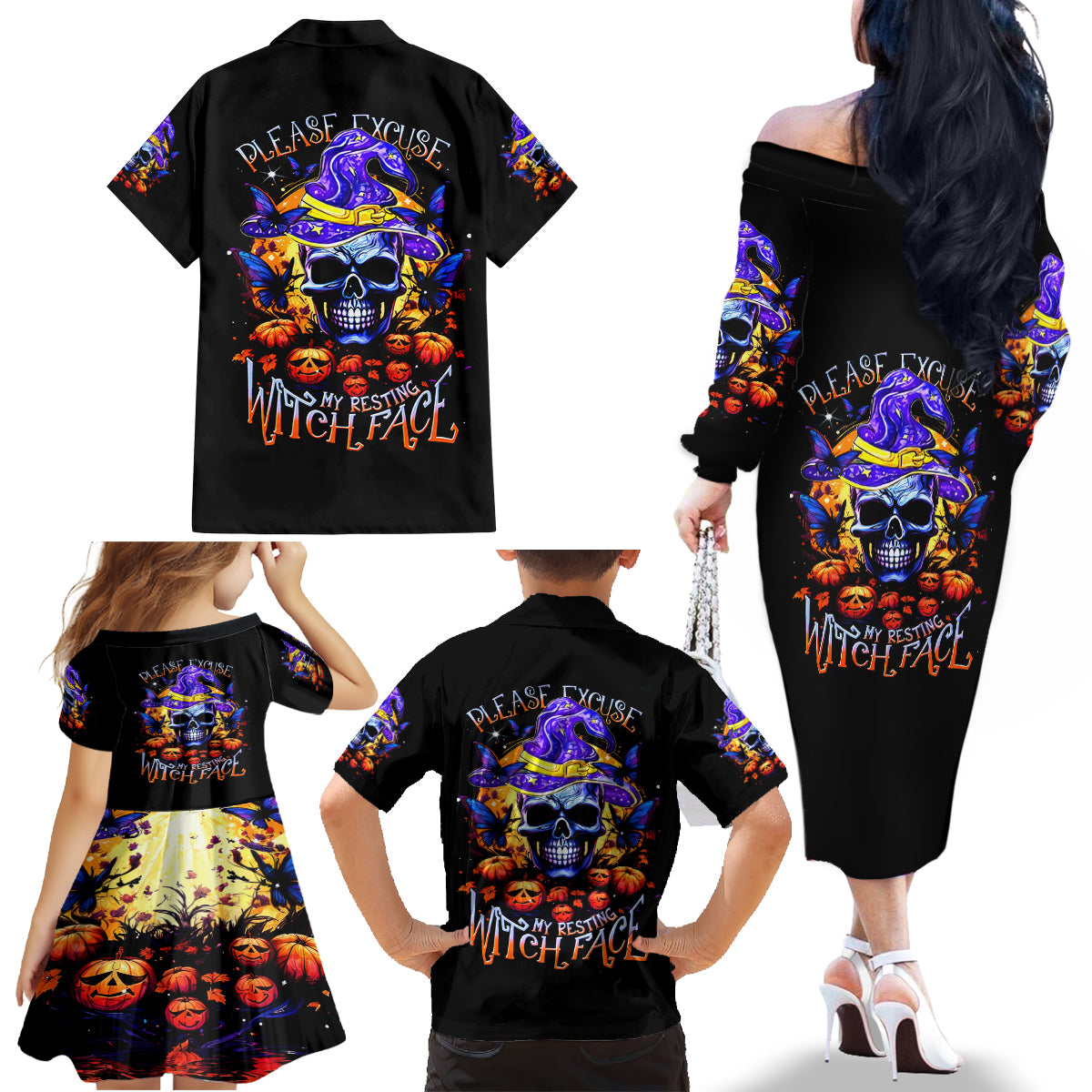 Halloween Skull Family Matching Off Shoulder Long Sleeve Dress and Hawaiian Shirt Please Excuse My Resting Witch Face - Wonder Print Shop