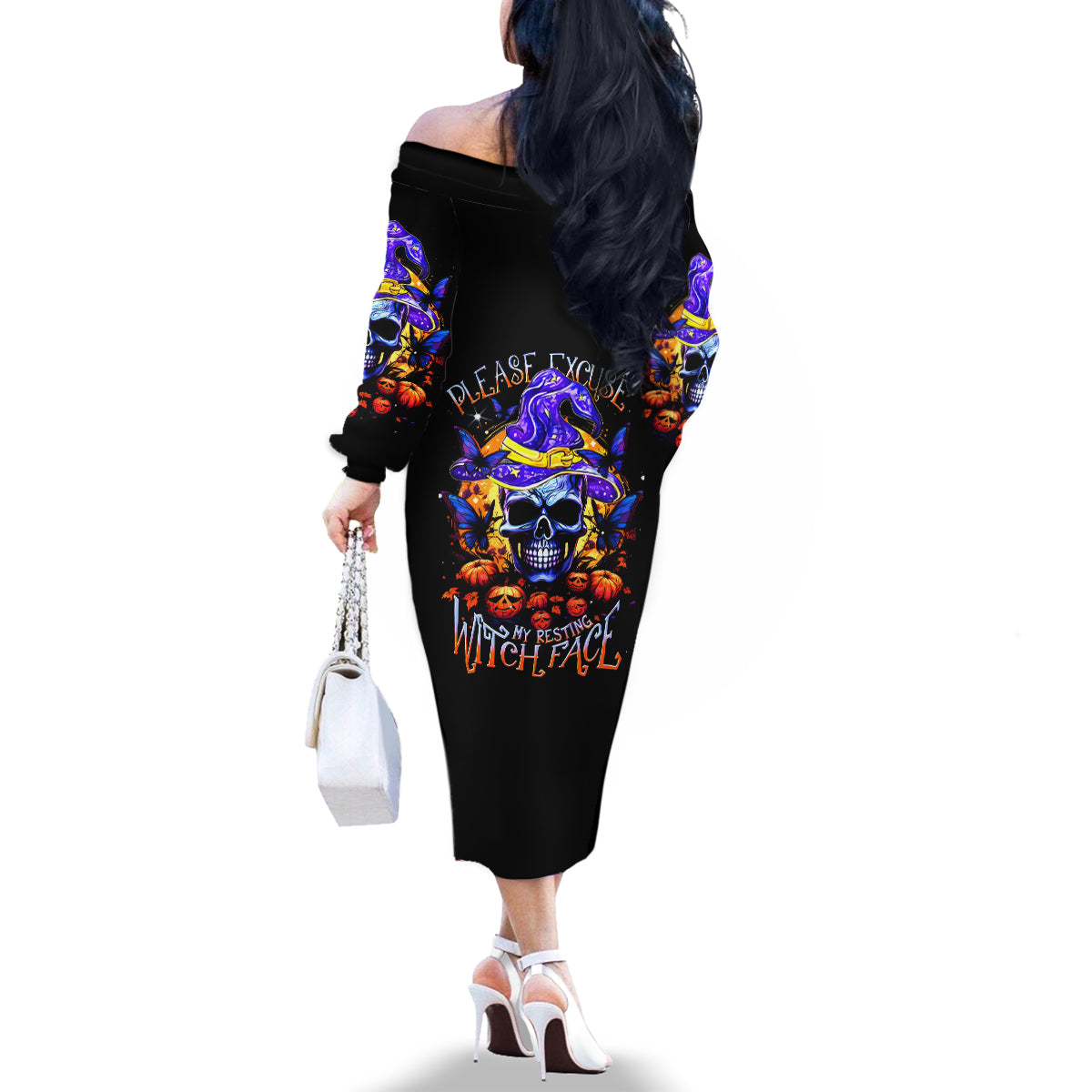 Halloween Skull Family Matching Off Shoulder Long Sleeve Dress and Hawaiian Shirt Please Excuse My Resting Witch Face - Wonder Print Shop