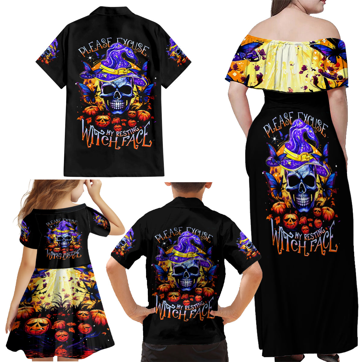 Halloween Skull Family Matching Off Shoulder Maxi Dress and Hawaiian Shirt Please Excuse My Resting Witch Face - Wonder Print Shop