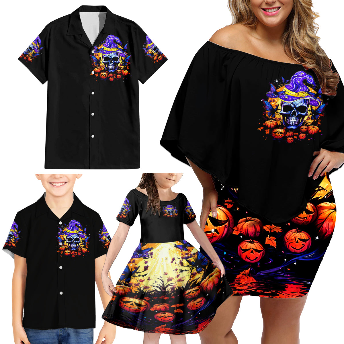 Halloween Skull Family Matching Off Shoulder Short Dress and Hawaiian Shirt Please Excuse My Resting Witch Face - Wonder Print Shop