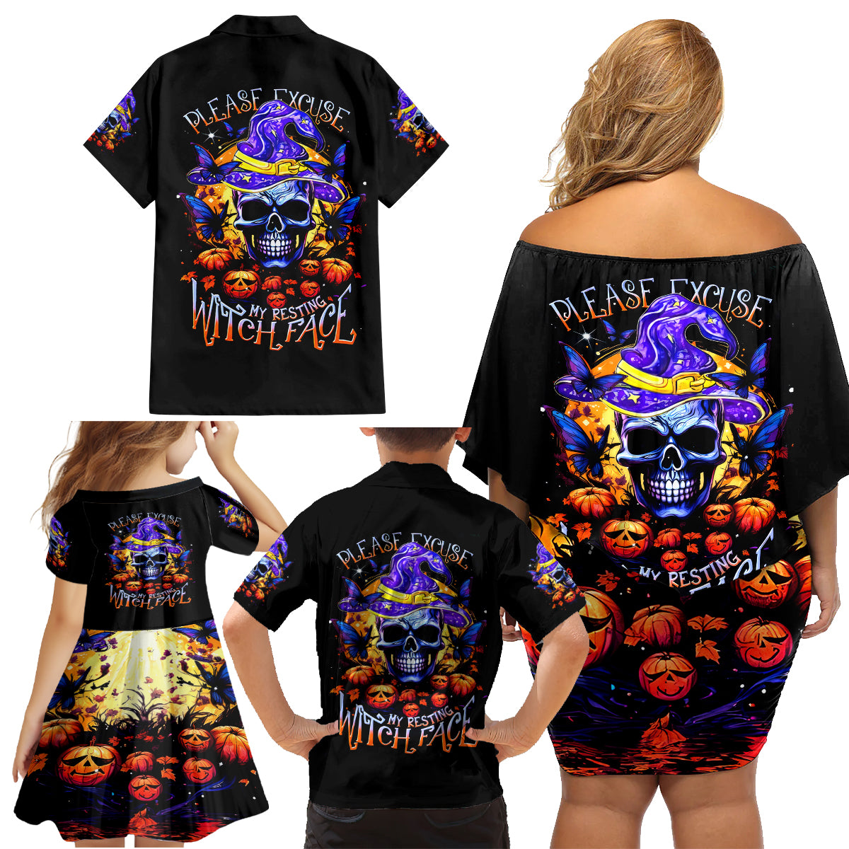 Halloween Skull Family Matching Off Shoulder Short Dress and Hawaiian Shirt Please Excuse My Resting Witch Face - Wonder Print Shop