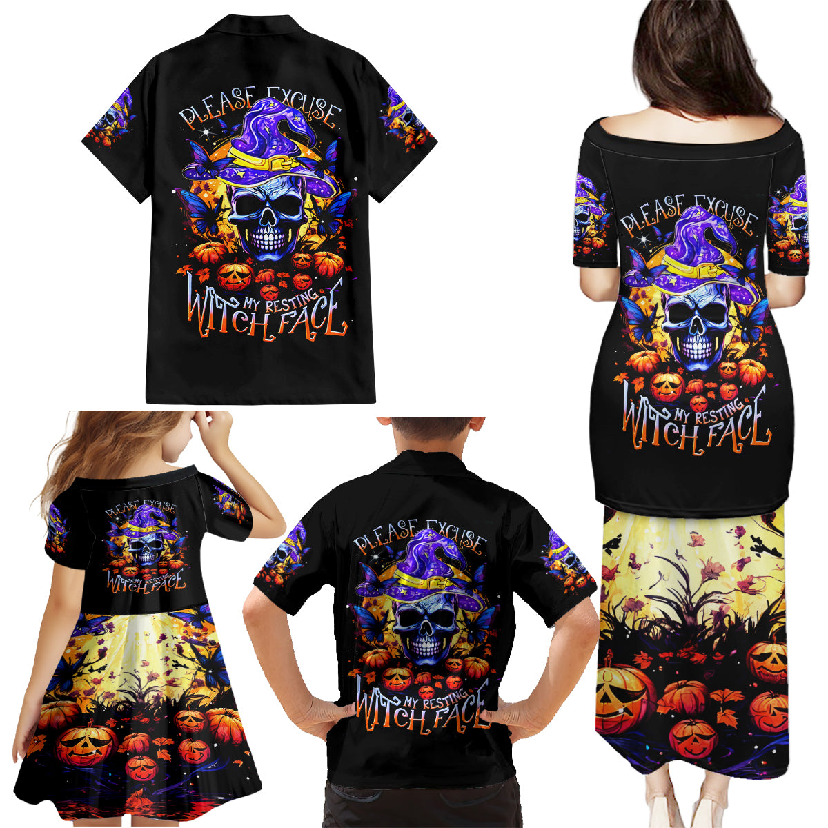 Halloween Skull Family Matching Puletasi and Hawaiian Shirt Please Excuse My Resting Witch Face - Wonder Print Shop