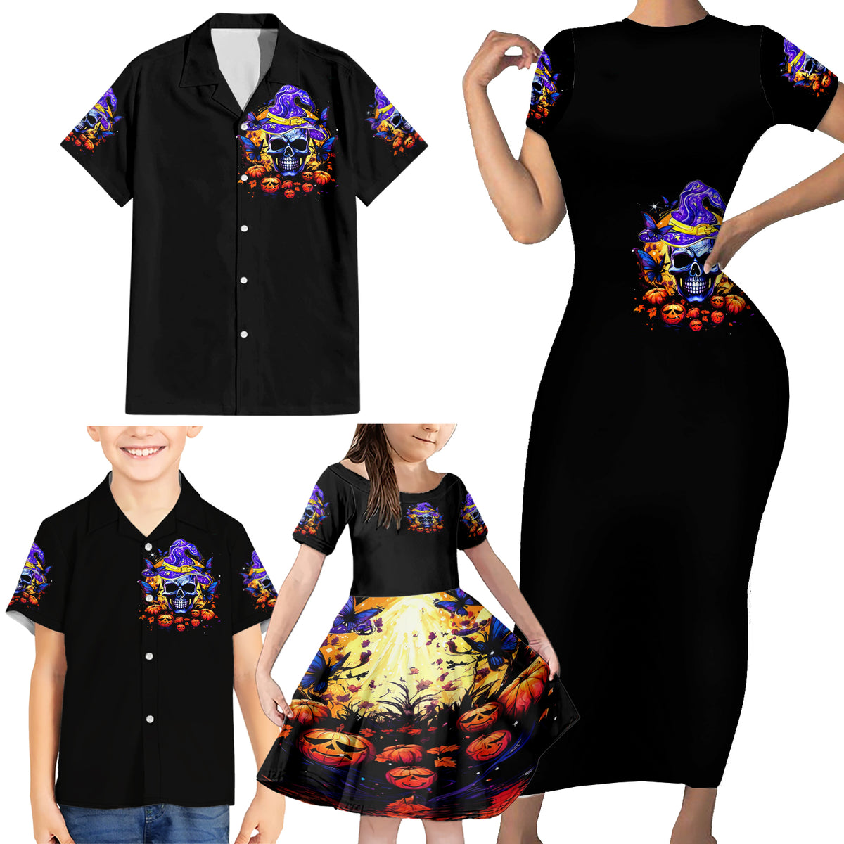 Halloween Skull Family Matching Short Sleeve Bodycon Dress and Hawaiian Shirt Please Excuse My Resting Witch Face - Wonder Print Shop