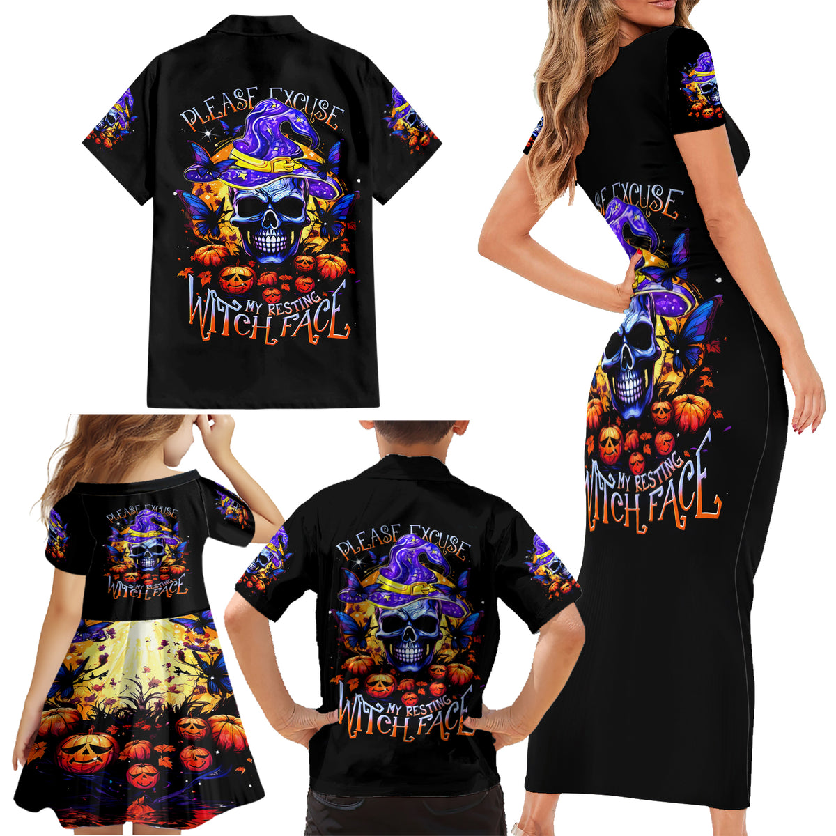 Halloween Skull Family Matching Short Sleeve Bodycon Dress and Hawaiian Shirt Please Excuse My Resting Witch Face - Wonder Print Shop