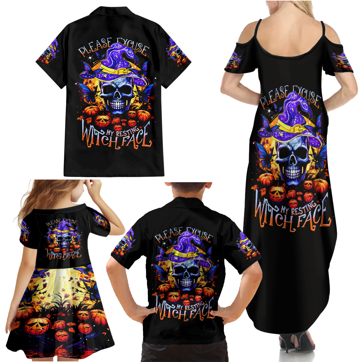 Halloween Skull Family Matching Summer Maxi Dress and Hawaiian Shirt Please Excuse My Resting Witch Face - Wonder Print Shop