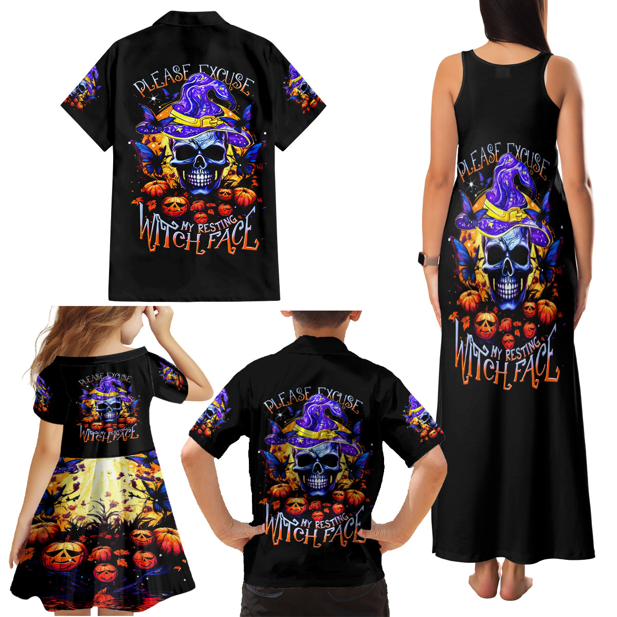 Halloween Skull Family Matching Tank Maxi Dress and Hawaiian Shirt Please Excuse My Resting Witch Face - Wonder Print Shop