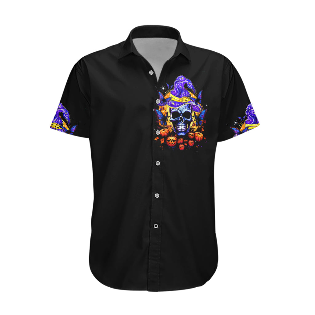 Black short-sleeve button-up Hawaiian shirt with purple witch-hat skull front graphic.