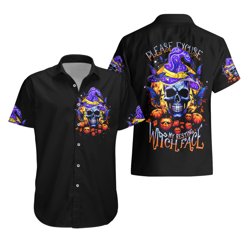 Matching black Hawaiian shirts shown front and back, purple skull witch-hat graphic.