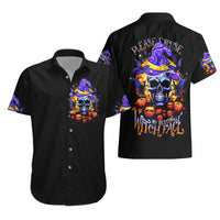 Matching black Hawaiian shirts shown front and back, purple skull witch-hat graphic.