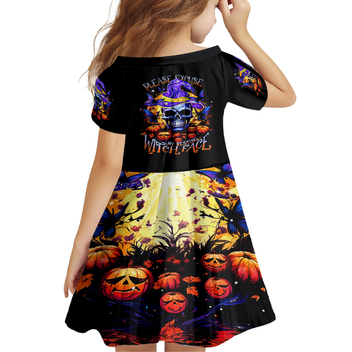Halloween Skull Kid Short Sleeve Dress Please Excuse My Resting Witch Face - Wonder Print Shop
