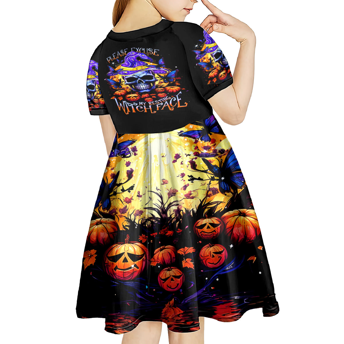 Halloween Skull Kid Short Sleeve Dress Please Excuse My Resting Witch Face - Wonder Print Shop