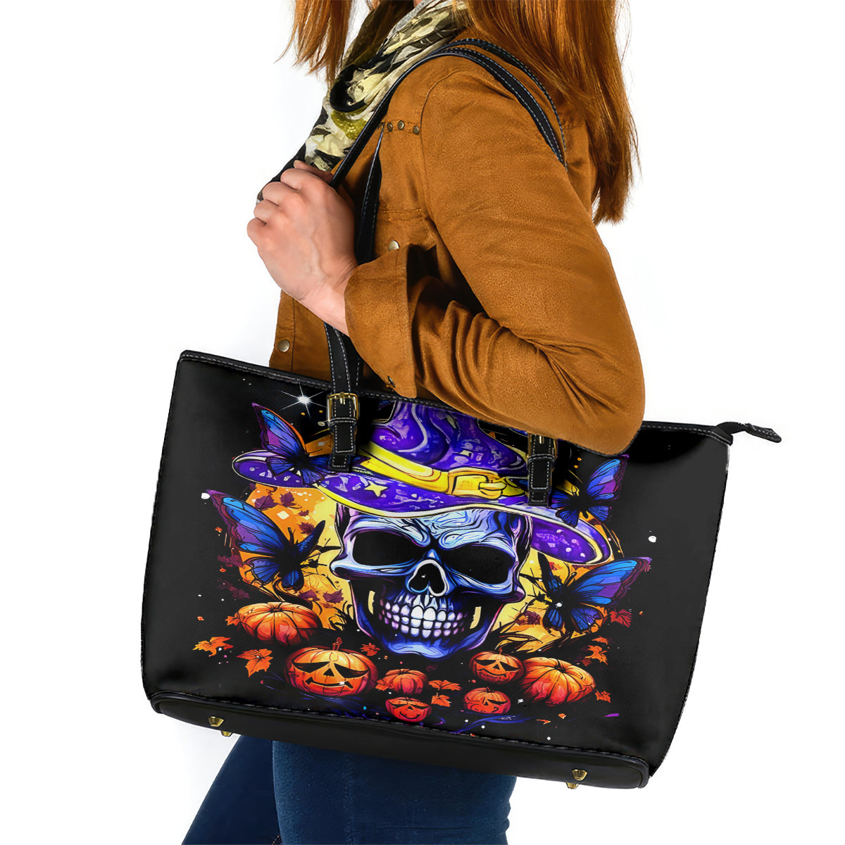 Halloween Skull Leather Tote Bag Please Excuse My Resting Witch Face - Wonder Print Shop