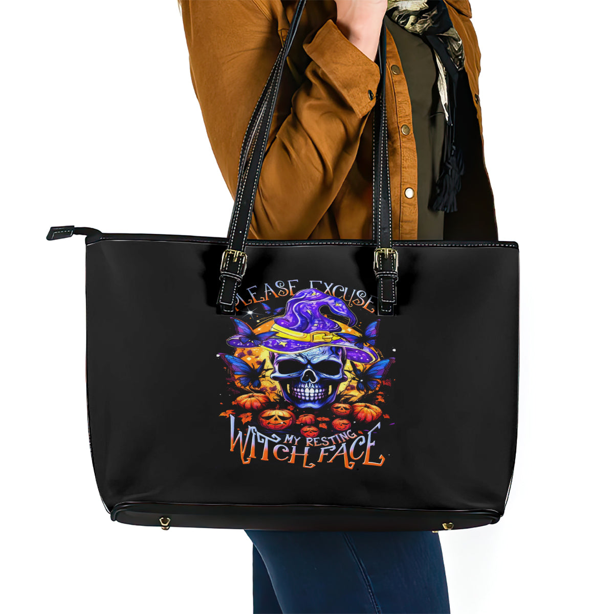 Halloween Skull Leather Tote Bag Please Excuse My Resting Witch Face - Wonder Print Shop