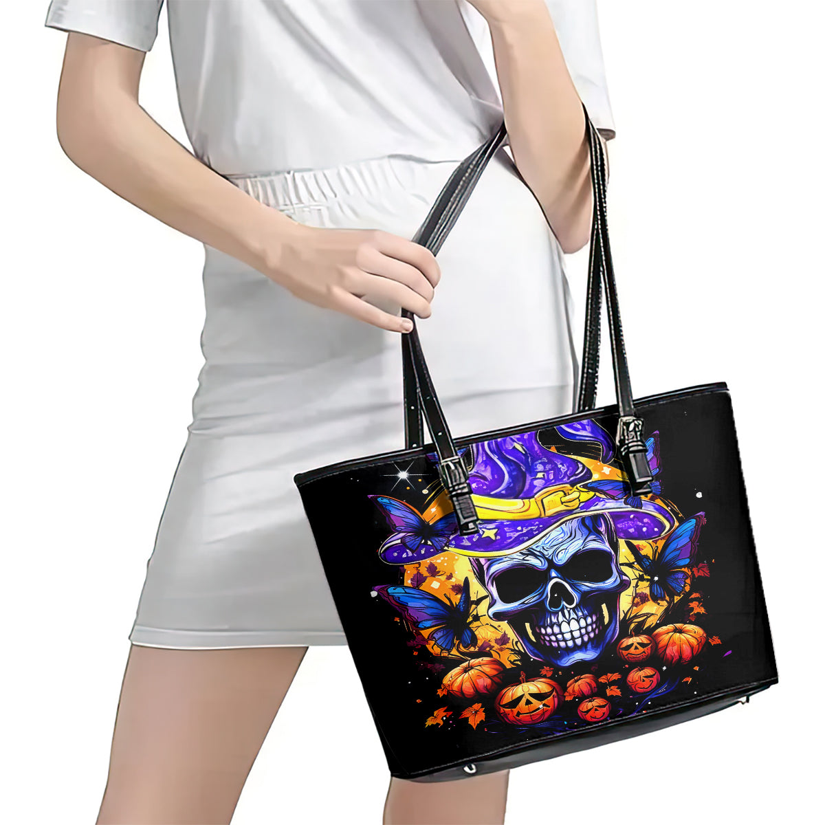 Halloween Skull Leather Tote Bag Please Excuse My Resting Witch Face - Wonder Print Shop
