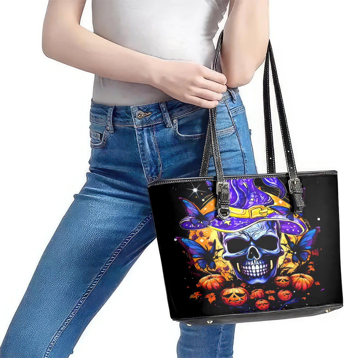 Halloween Skull Leather Tote Bag Please Excuse My Resting Witch Face - Wonder Print Shop