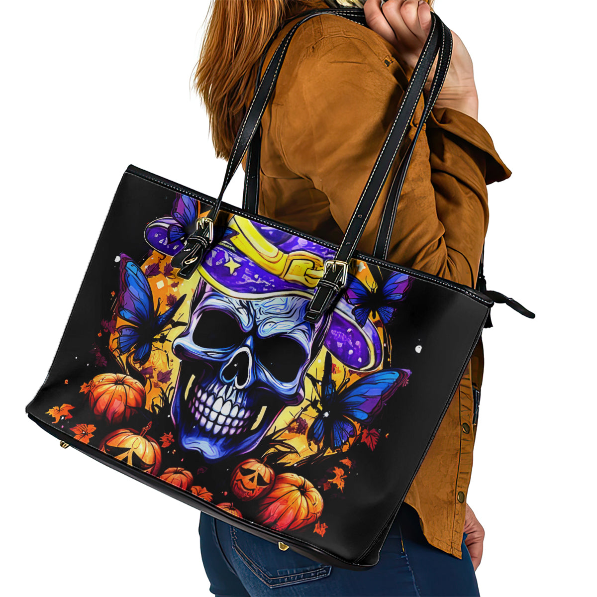 Halloween Skull Leather Tote Bag Please Excuse My Resting Witch Face - Wonder Print Shop