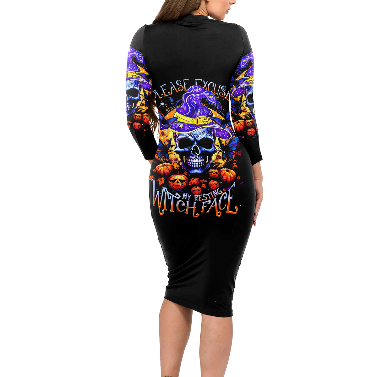 Halloween Skull Long Sleeve Bodycon Dress Please Excuse My Resting Witch Face - Wonder Print Shop