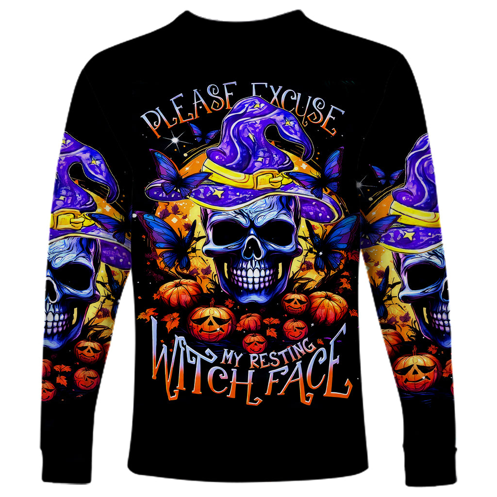 Halloween Skull Long Sleeve Shirt Please Excuse My Resting Witch Face - Wonder Print Shop