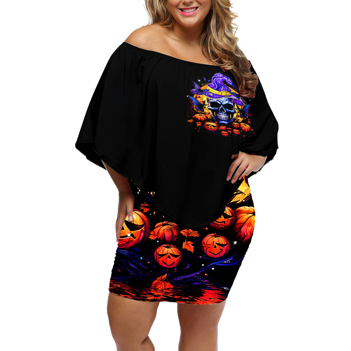 Halloween Skull Off Shoulder Short Dress Please Excuse My Resting Witch Face - Wonder Print Shop