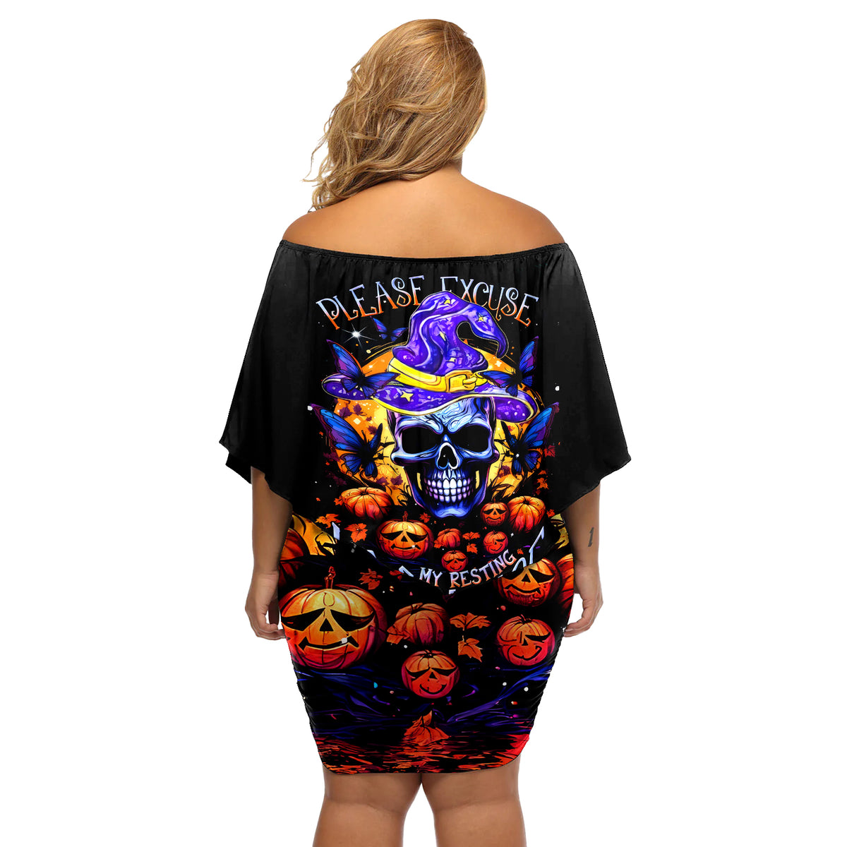 Halloween Skull Off Shoulder Short Dress Please Excuse My Resting Witch Face - Wonder Print Shop