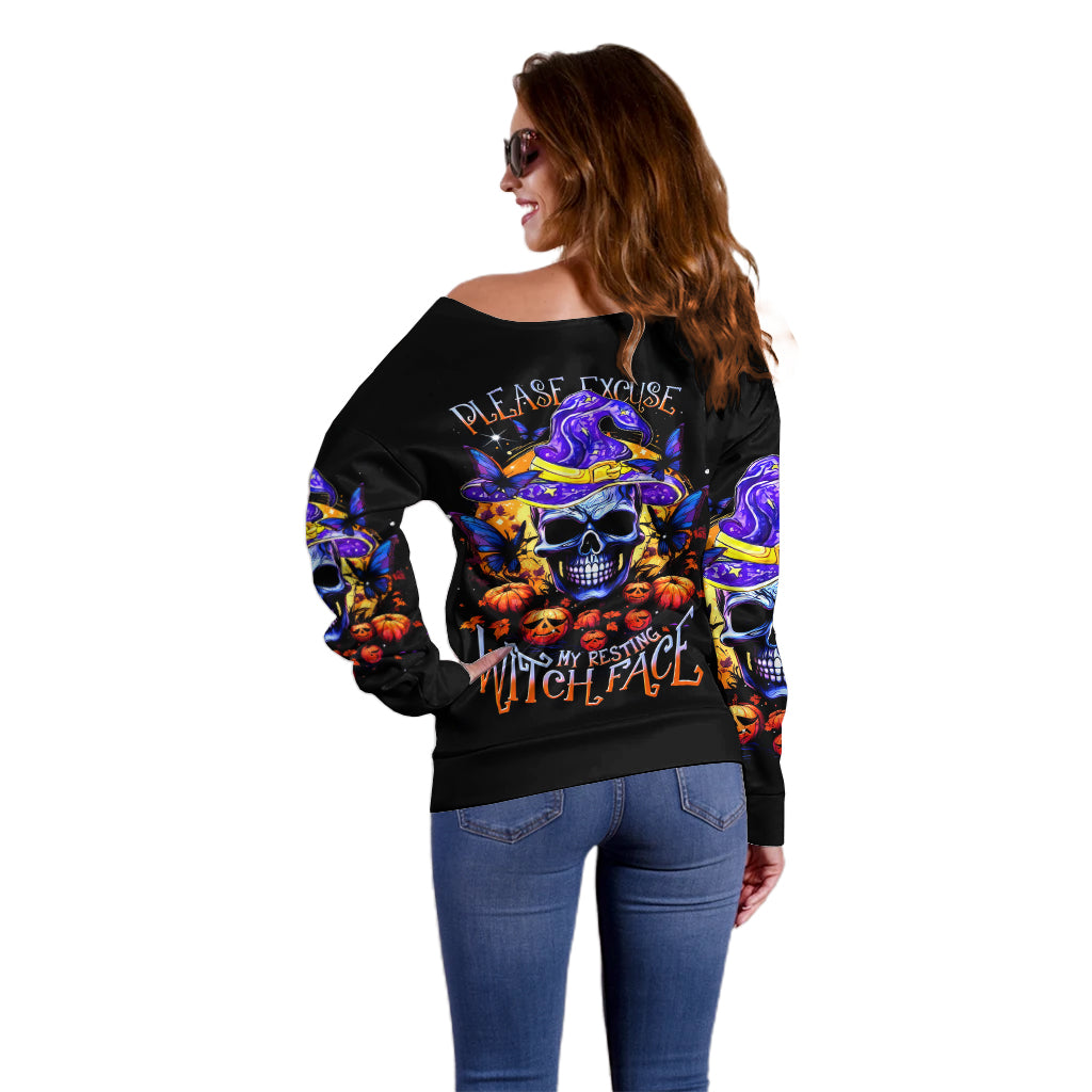 Halloween Skull Off Shoulder Sweater Please Excuse My Resting Witch Face - Wonder Print Shop