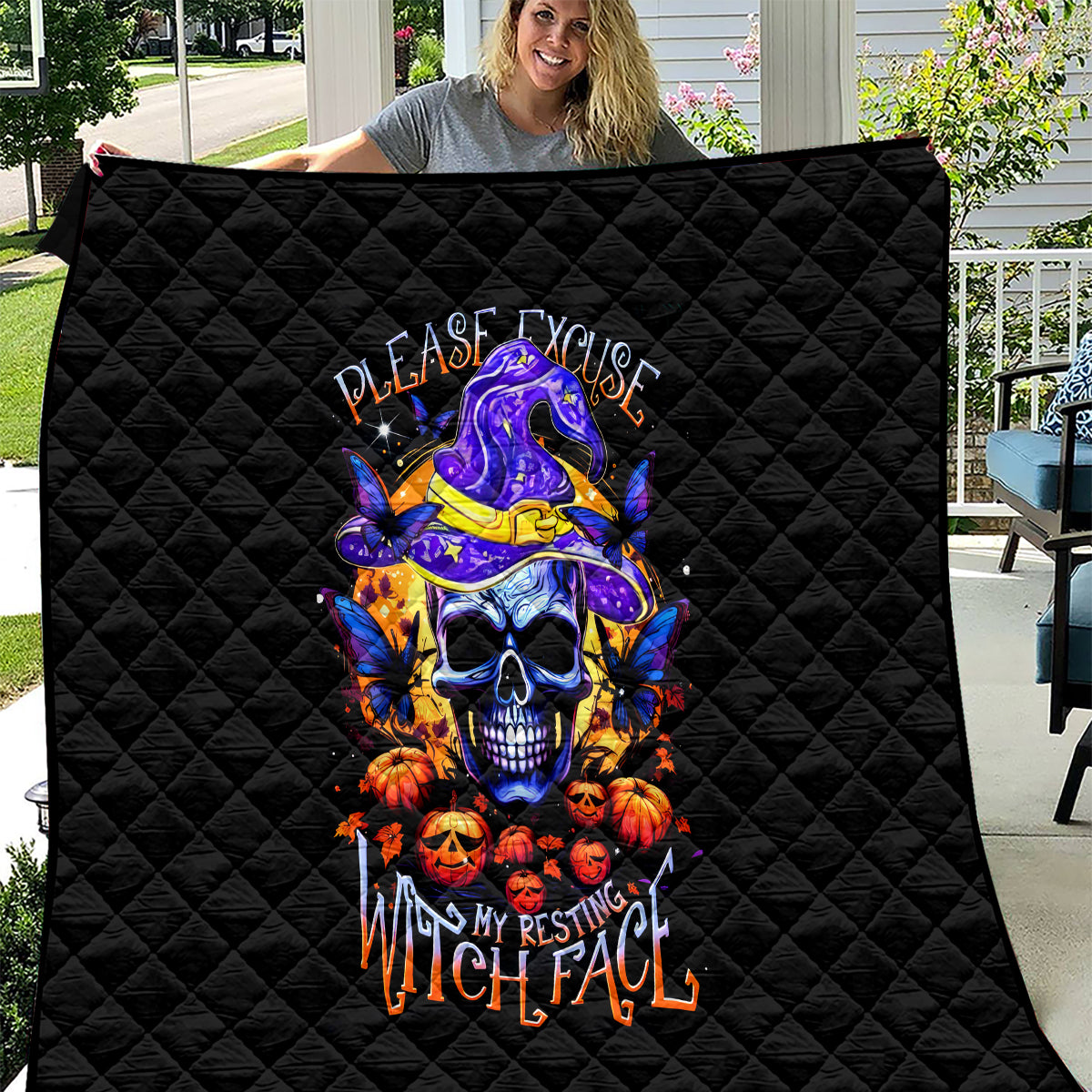 Halloween Skull Quilt Please Excuse My Resting Witch Face - Wonder Print Shop