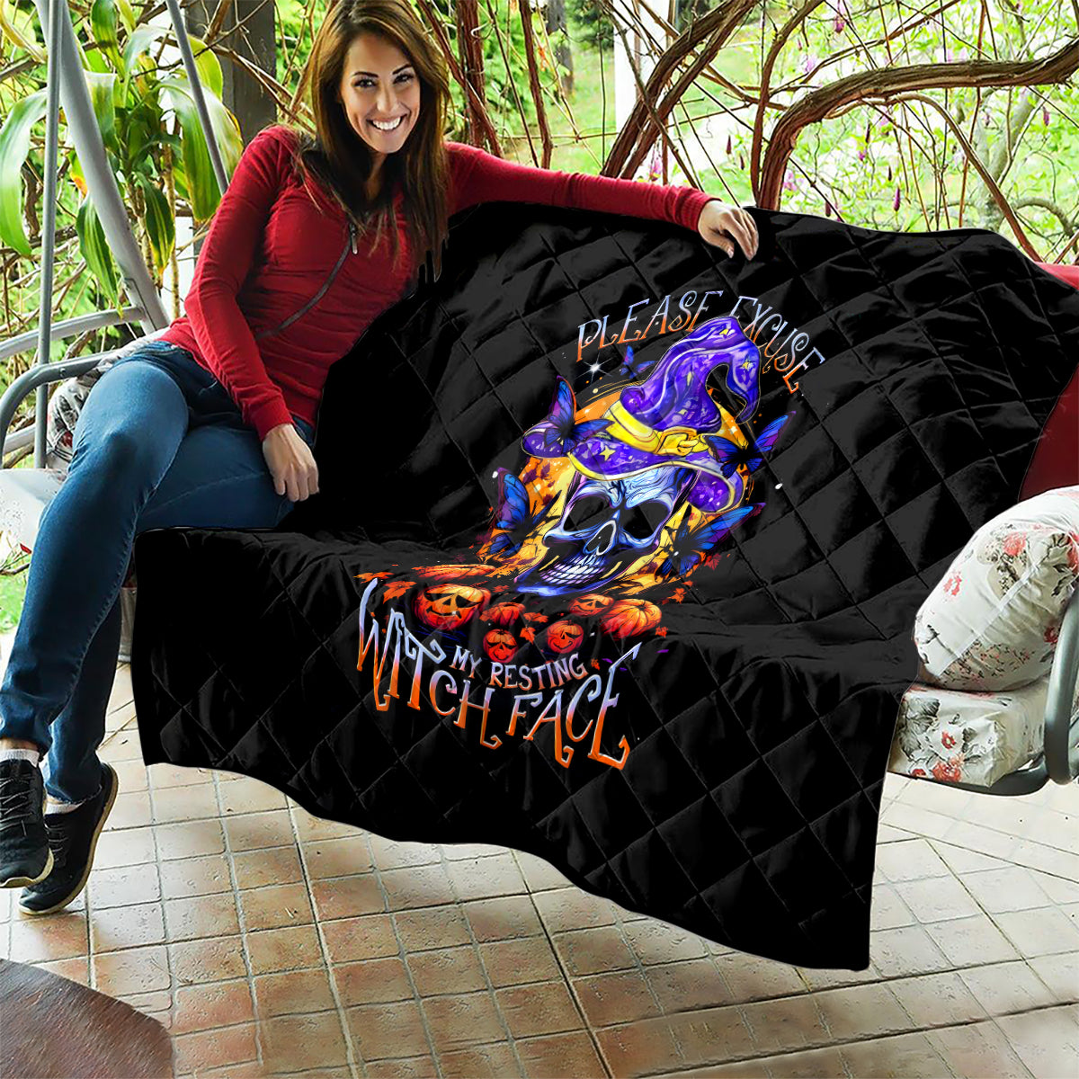 Halloween Skull Quilt Please Excuse My Resting Witch Face - Wonder Print Shop