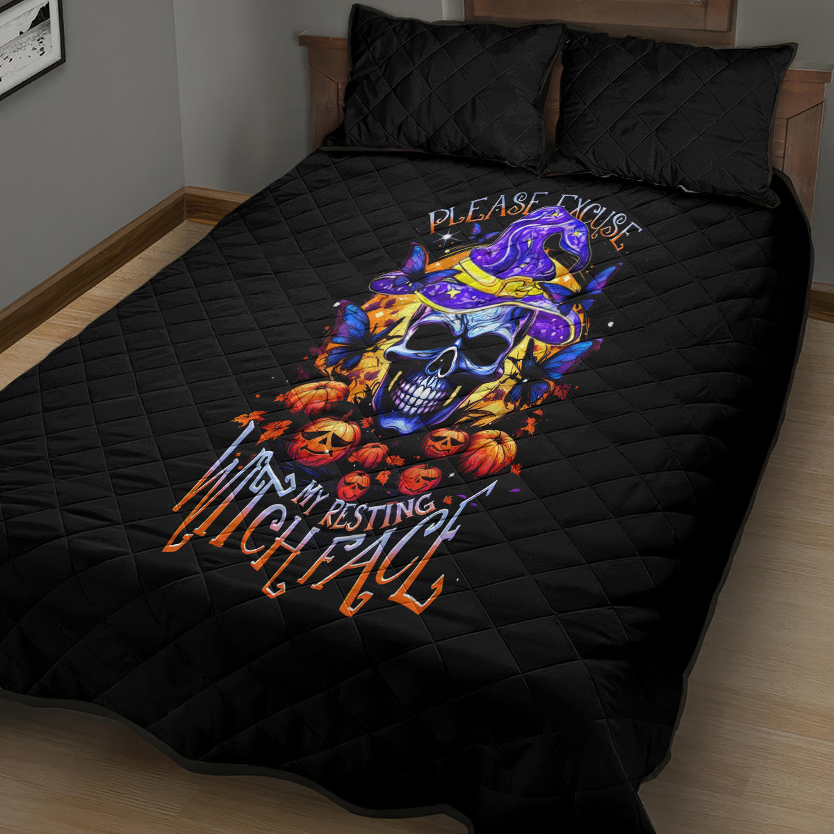 Halloween Skull Quilt Bed Set Please Excuse My Resting Witch Face - Wonder Print Shop