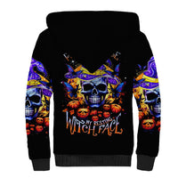 Black unisex sherpa hoodie with skull and 'Witch Face' graphic, long sleeves
