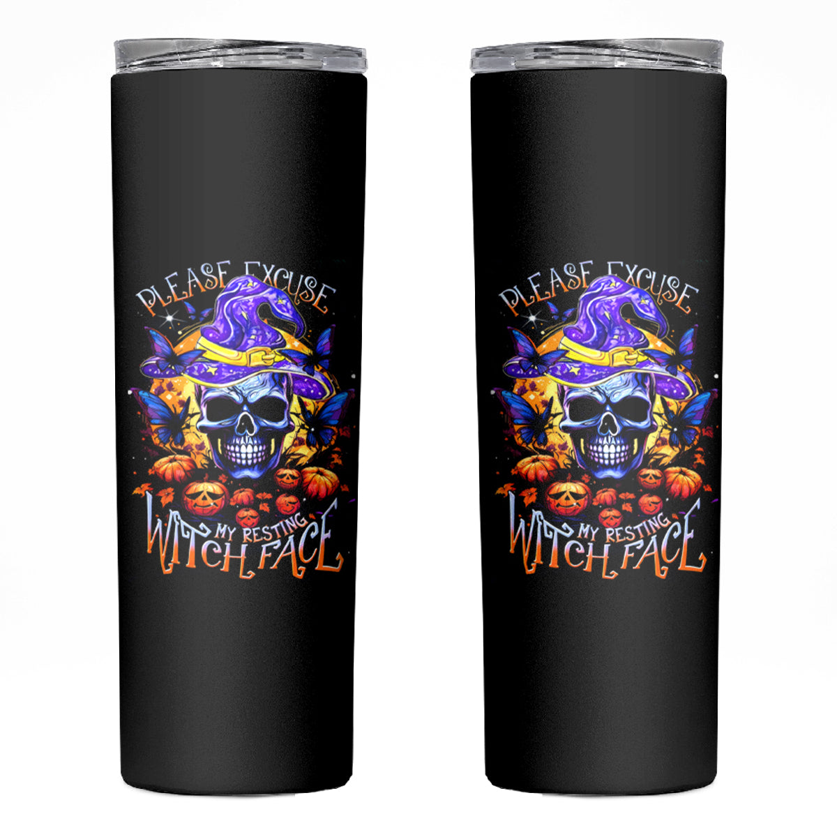 Halloween Skull Skinny Tumbler Please Excuse My Resting Witch Face - Wonder Print Shop