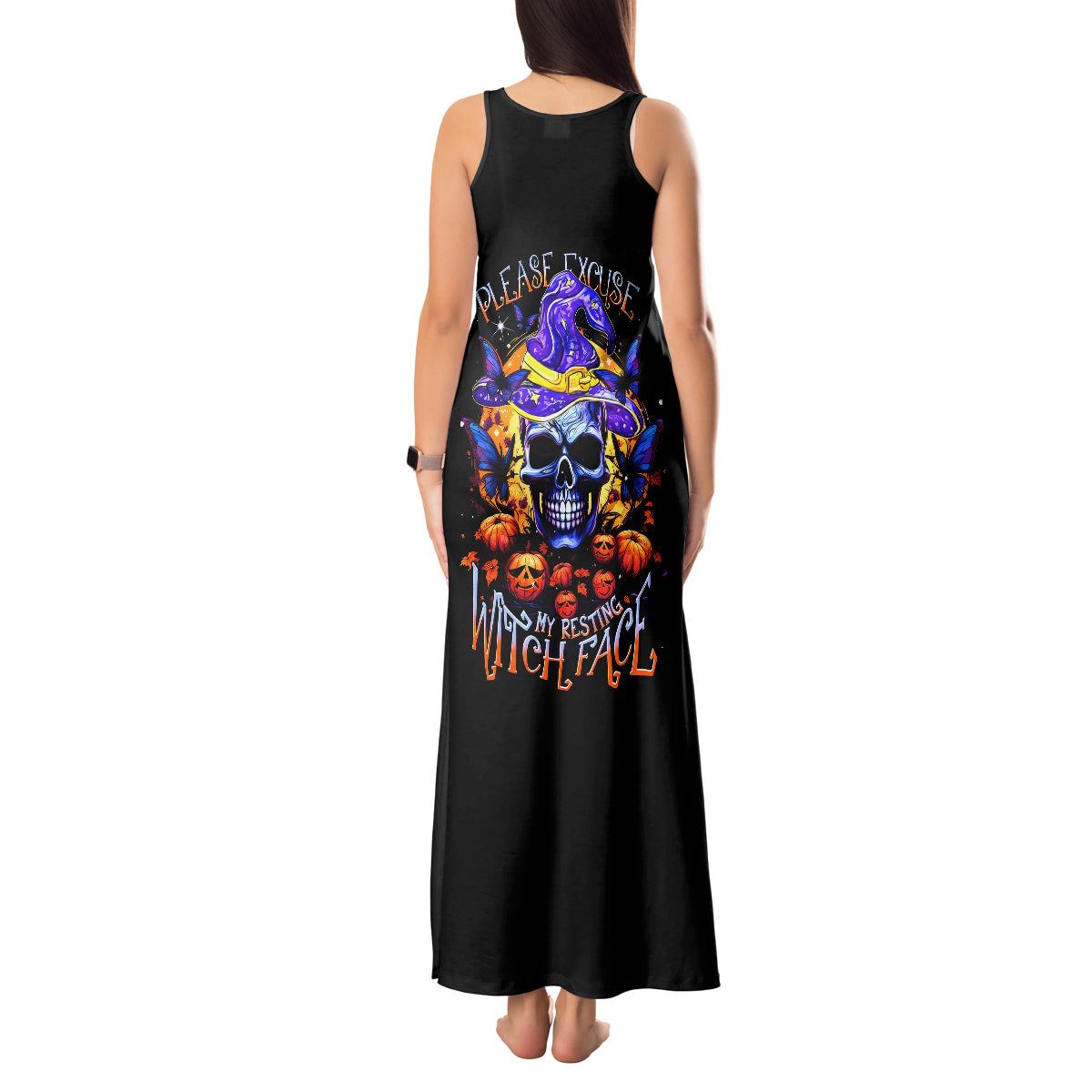 Halloween Skull Tank Maxi Dress Please Excuse My Resting Witch Face - Wonder Print Shop