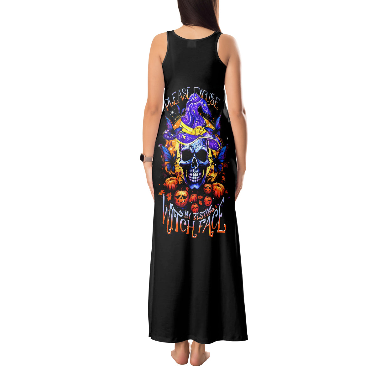 Halloween Skull Tank Maxi Dress Please Excuse My Resting Witch Face - Wonder Print Shop