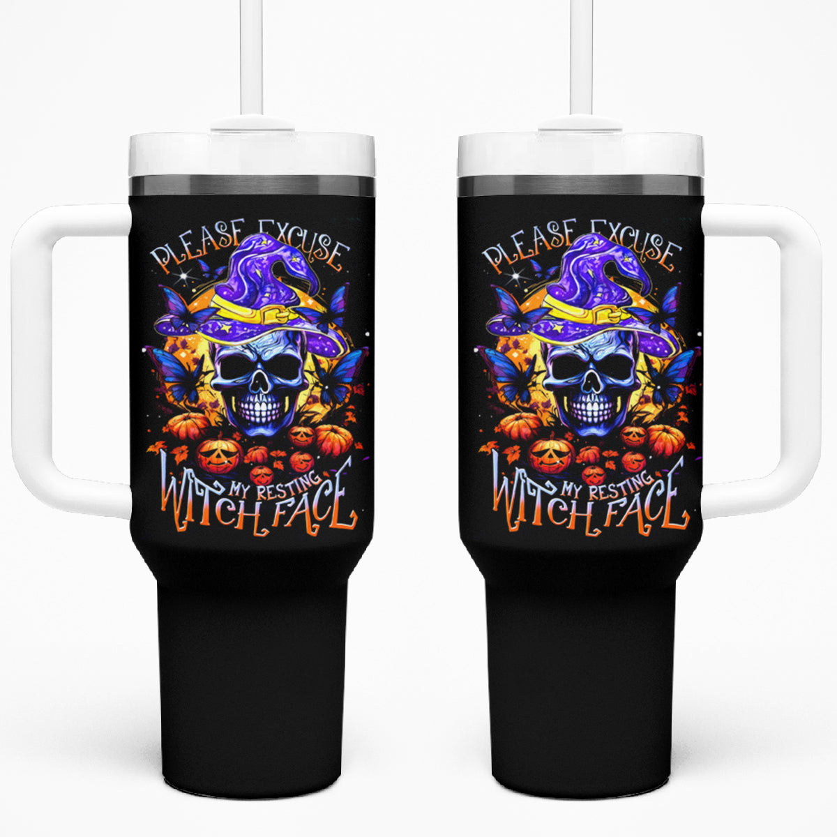 Halloween Skull Tumbler With Handle Please Excuse My Resting Witch Face - Wonder Print Shop