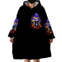 Black hooded wearable blanket hoodie dress with blue-purple skull and sleeve prints