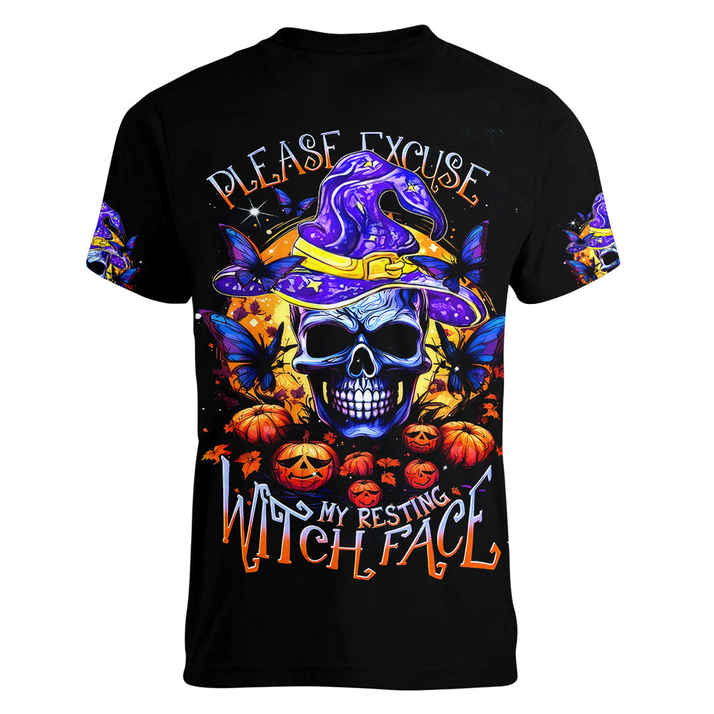 Halloween Skull Women V Neck T Shirt Please Excuse My Resting Witch Face - Wonder Print Shop