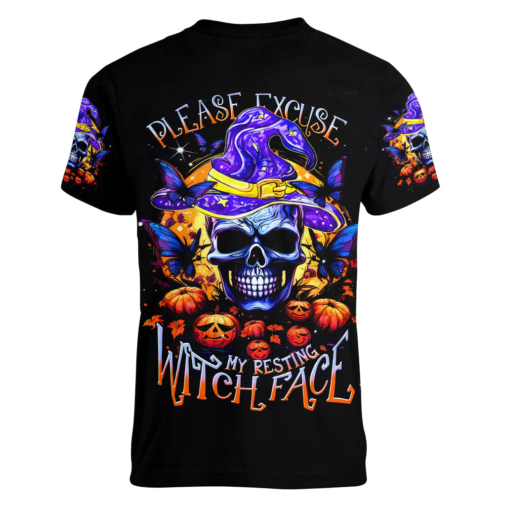 Halloween Skull Women V Neck T Shirt Please Excuse My Resting Witch Face - Wonder Print Shop