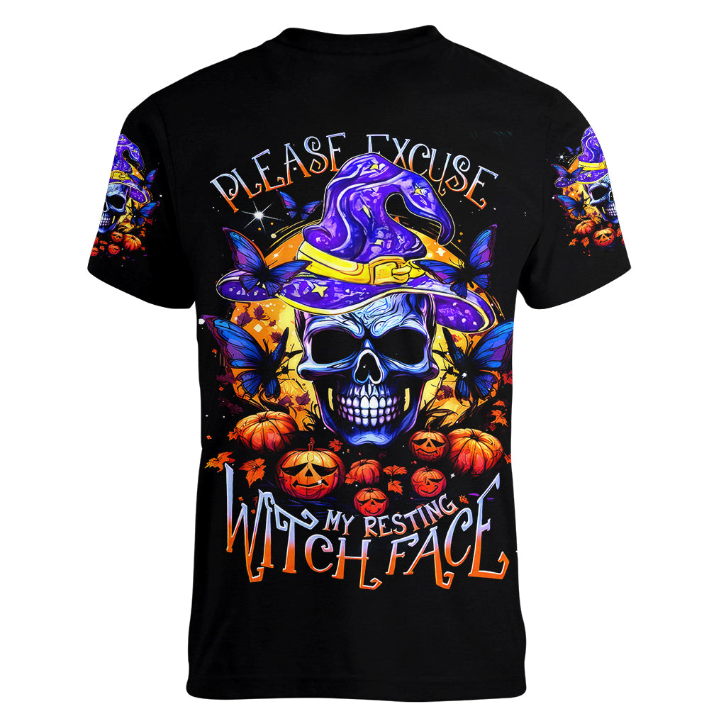 Halloween Skull Women V Neck T Shirt Please Excuse My Resting Witch Face - Wonder Print Shop